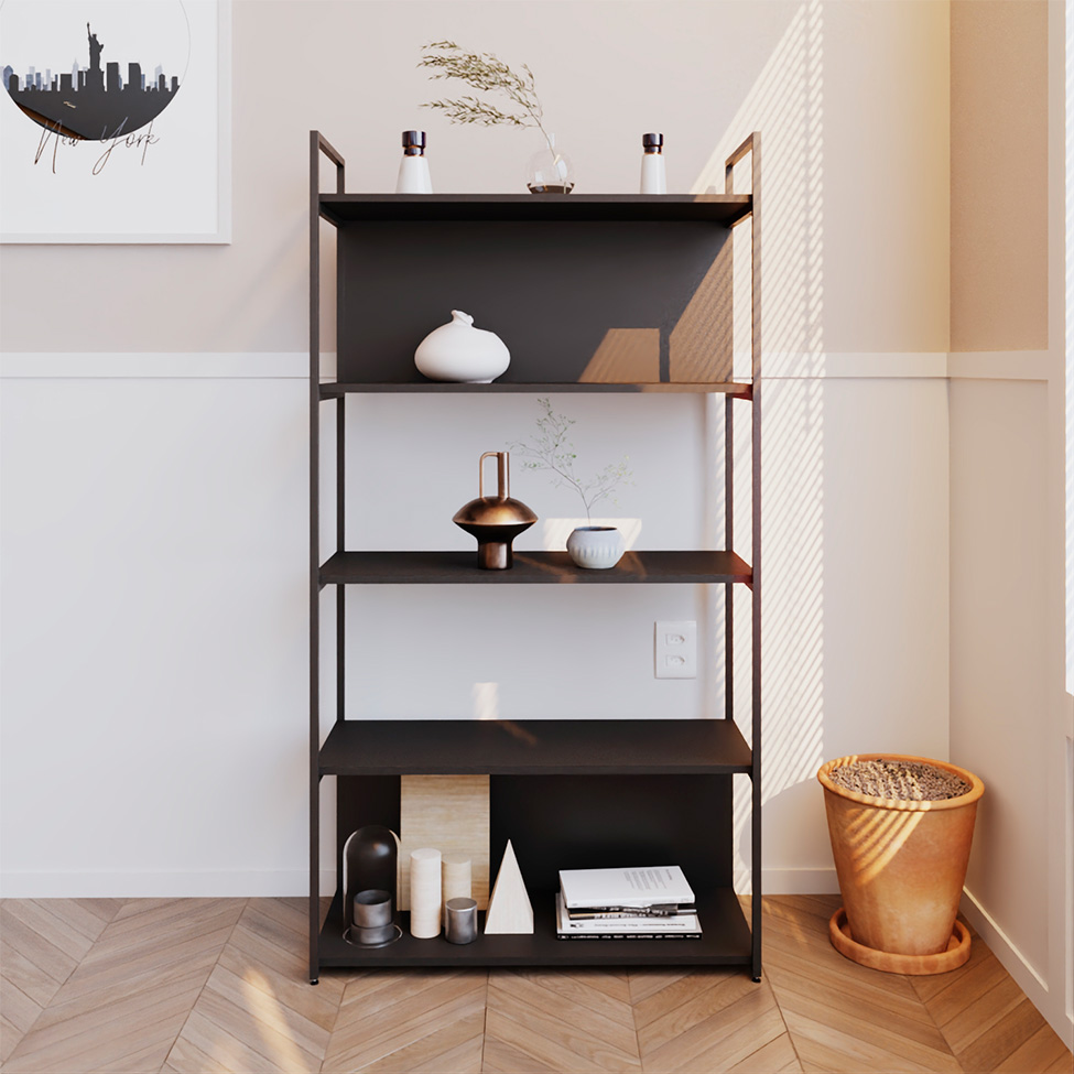 Estante com 3 Prateleiras e 2 Nichos Brooklyn Preta 80 cm
