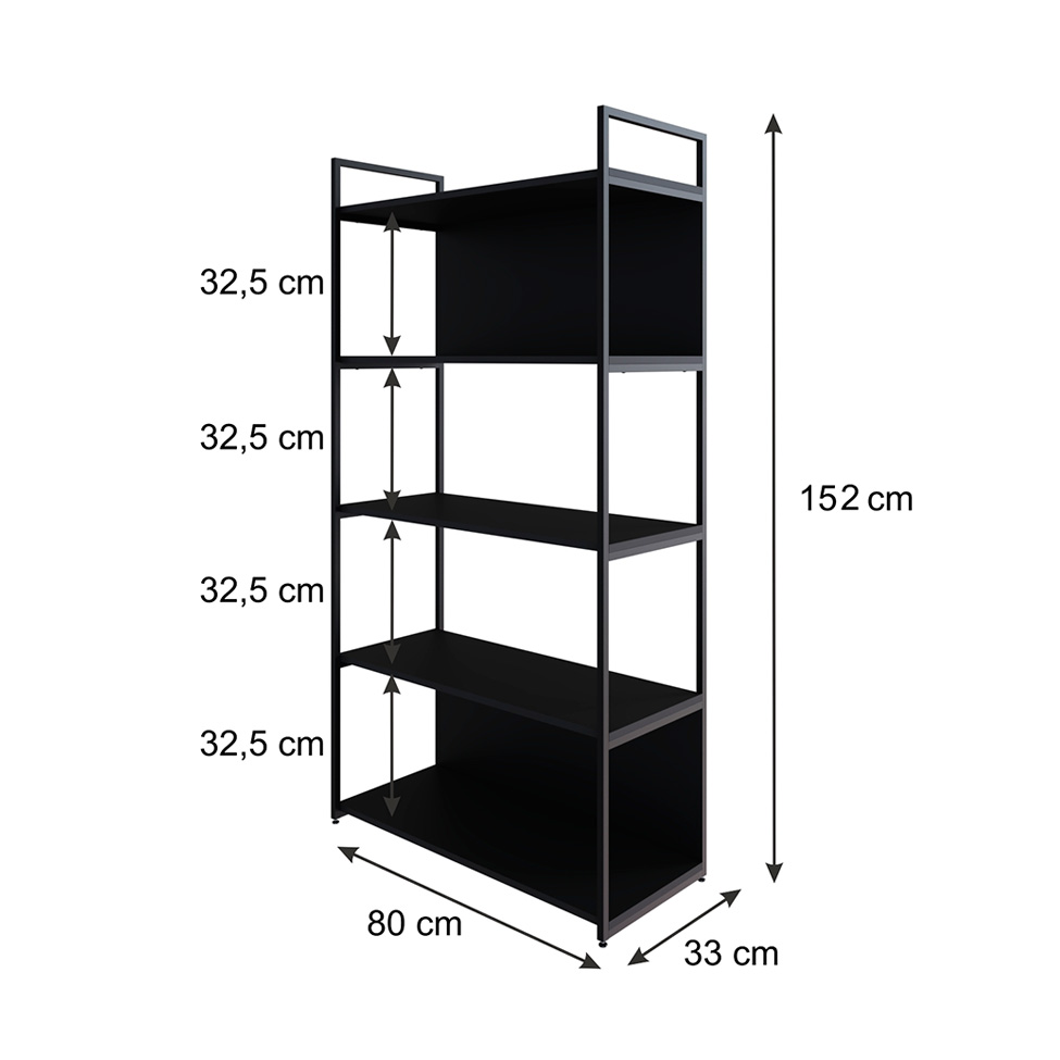 Estante com 3 Prateleiras e 2 Nichos Brooklyn Preta 80 cm
