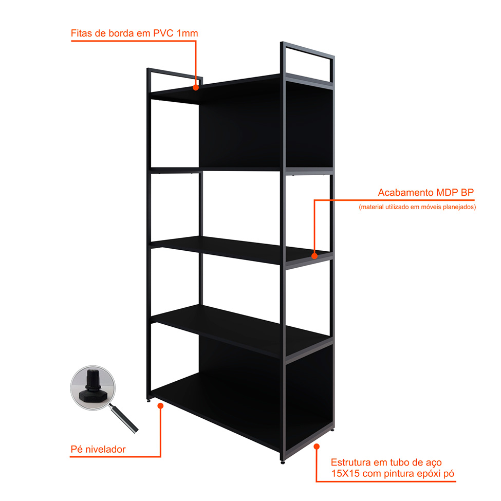 Estante com 3 Prateleiras e 2 Nichos Brooklyn Preta 80 cm
