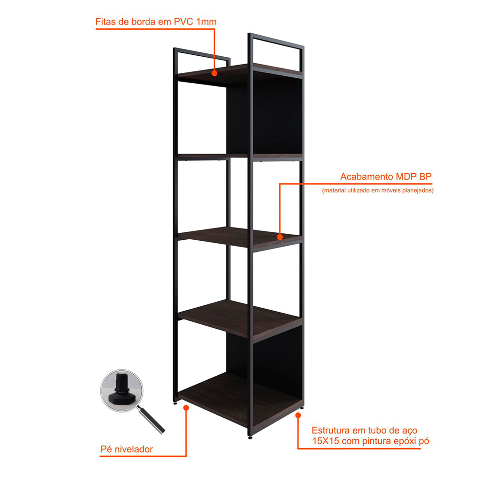 Estante com 3 Prateleiras e 2 Nichos Brooklyn Terracota e Preta 45 cm