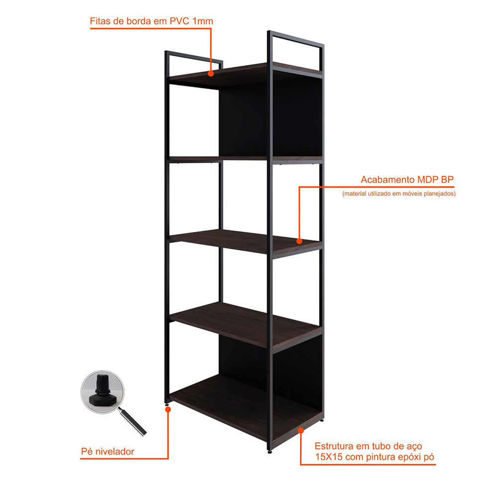Estante com 3 Prateleiras e 2 Nichos Brooklyn Terracota e Preta 60 cm
