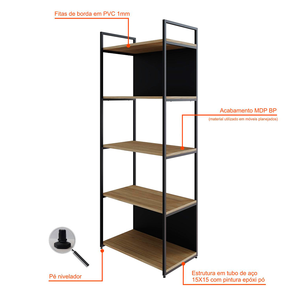 Estante com 3 Prateleiras e 2 Nichos Brooklyn Vermont e Preta 60 cm