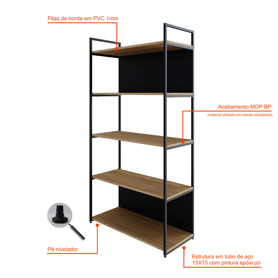 Estante com 3 Prateleiras e 2 Nichos Brooklyn Vermont e Preta 80 cm