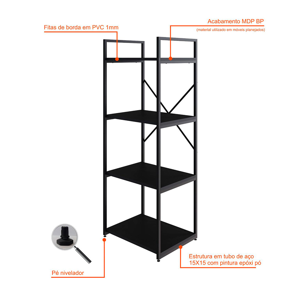 Estante com 4 Prateleiras Brooklyn Preta 45 cm