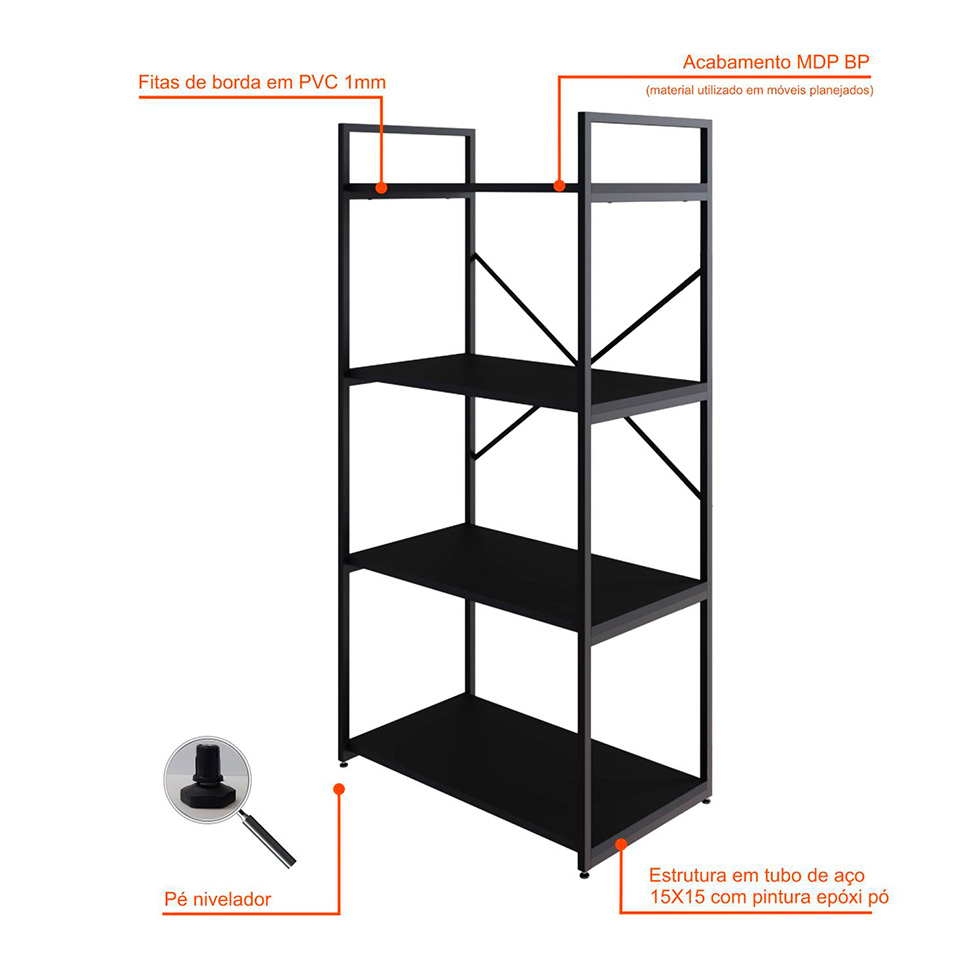 Estante com 4 Prateleiras Brooklyn Preta 60 cm