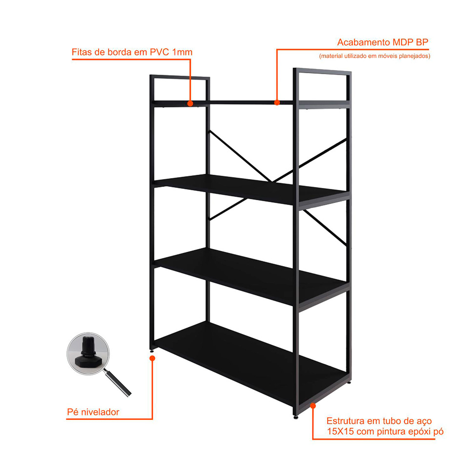 Estante com 4 Prateleiras Brooklyn Preta 80 cm
