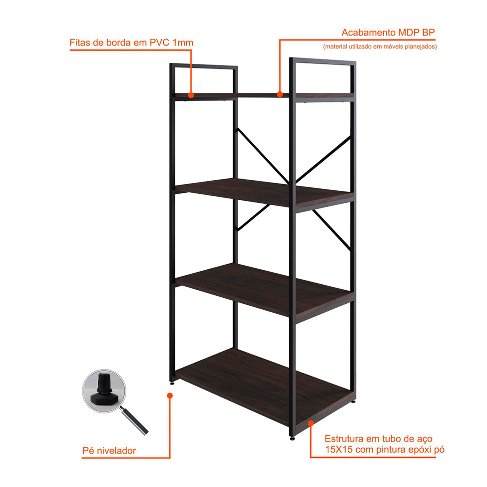 Estante com 4 Prateleiras Brooklyn Terracota e Preta 60 cm