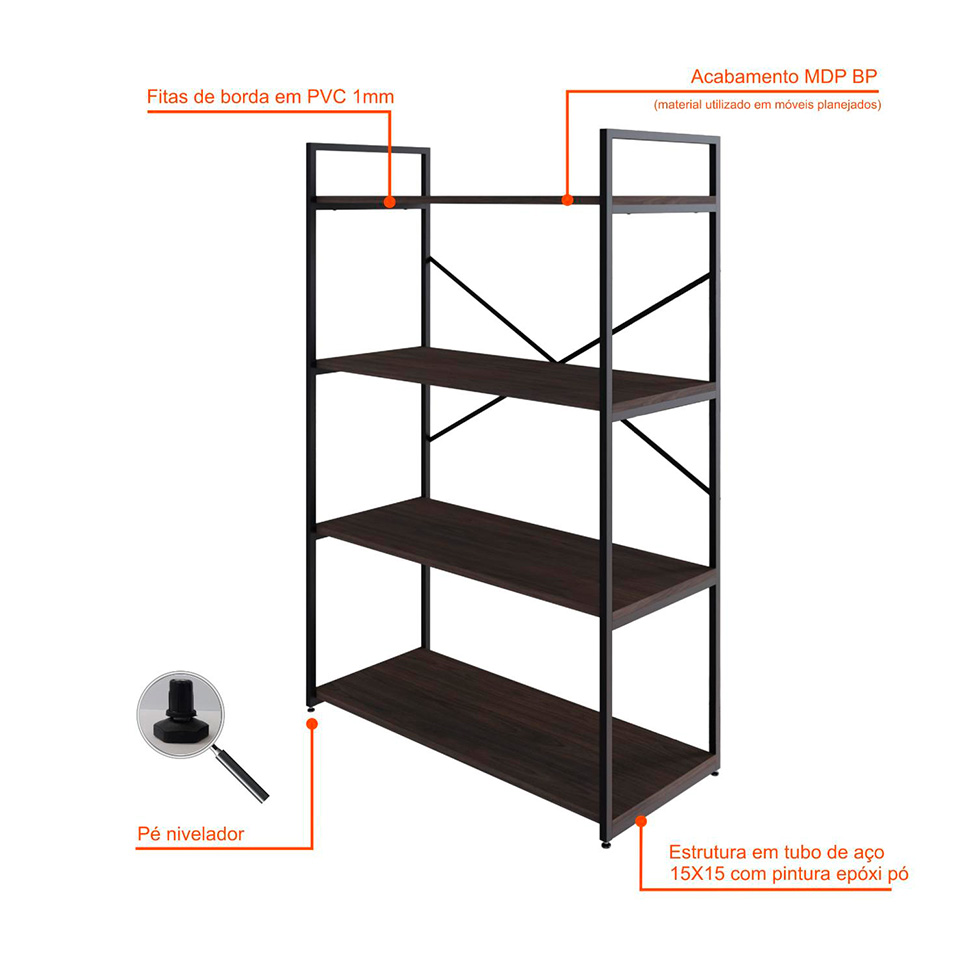 Estante com 4 Prateleiras Brooklyn Terracota e Preta 80 cm