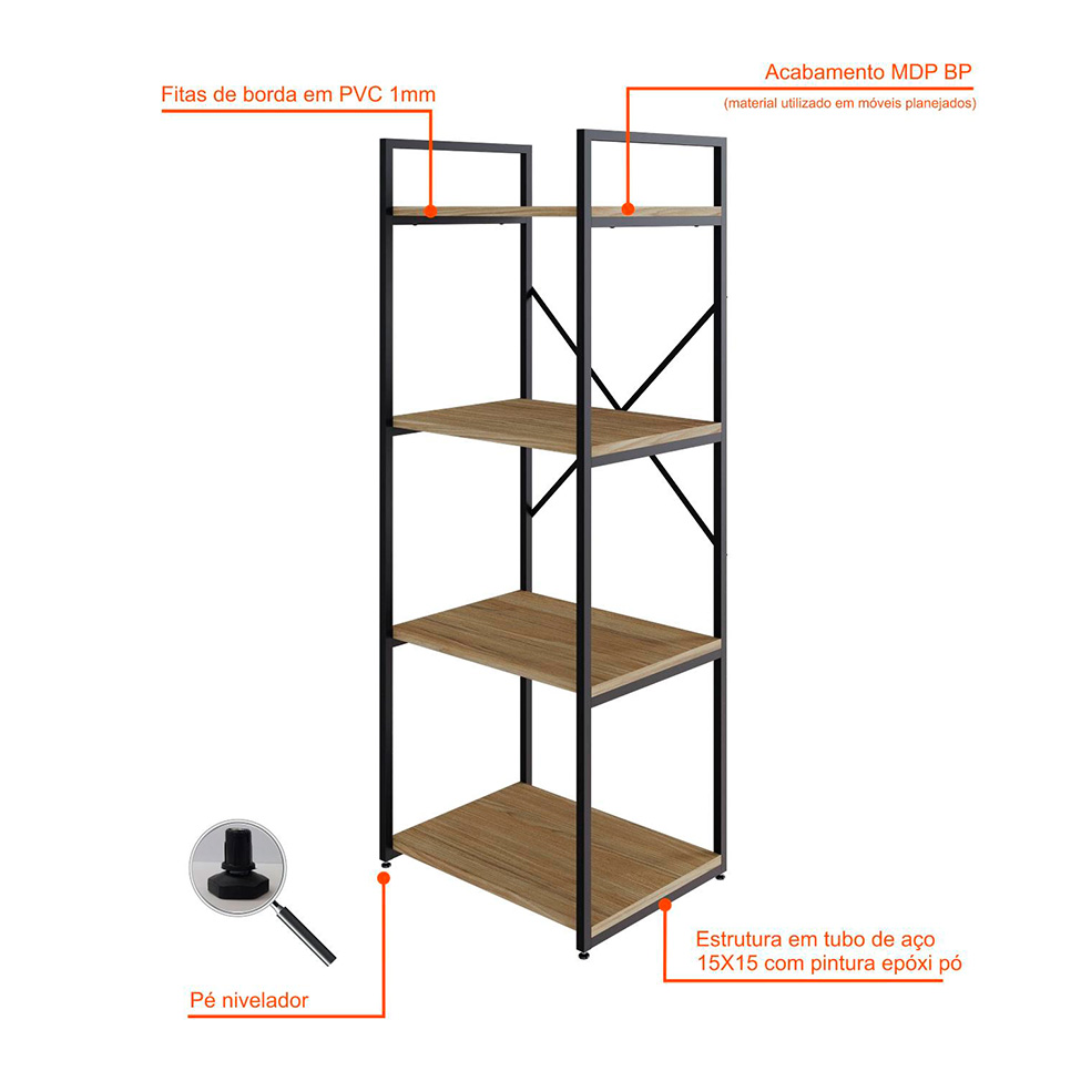 Estante com 4 Prateleiras Brooklyn Vermont e Preta 45 cm