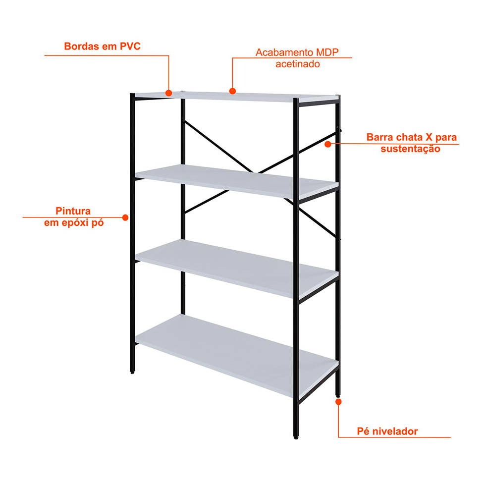 Estante com 4 Prateleiras Tub Branca e Preta 80 cm