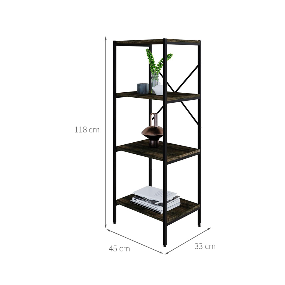 Estante com 4 Prateleiras Tub Carvalho Dark e Preta 45 cm