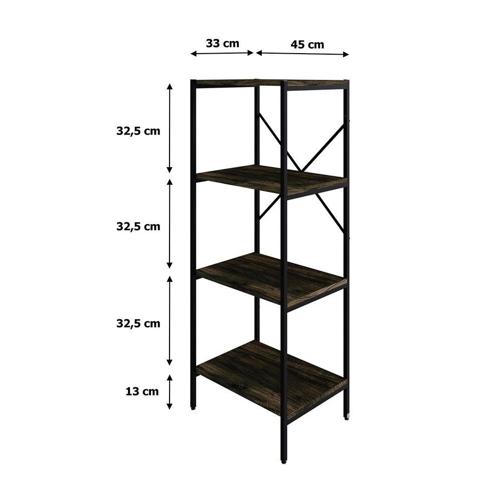 Estante com 4 Prateleiras Tub Carvalho Dark e Preta 45 cm