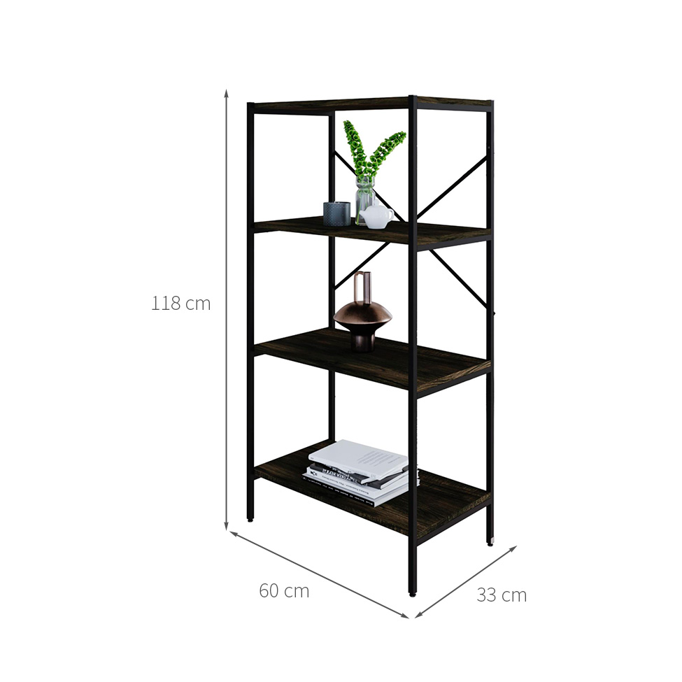 Estante com 4 Prateleiras Tub Carvalho Dark e Preta 60 cm