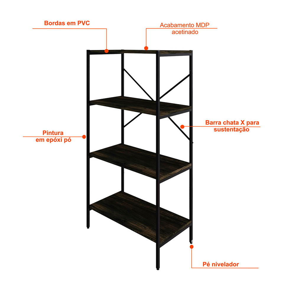 Estante com 4 Prateleiras Tub Carvalho Dark e Preta 60 cm