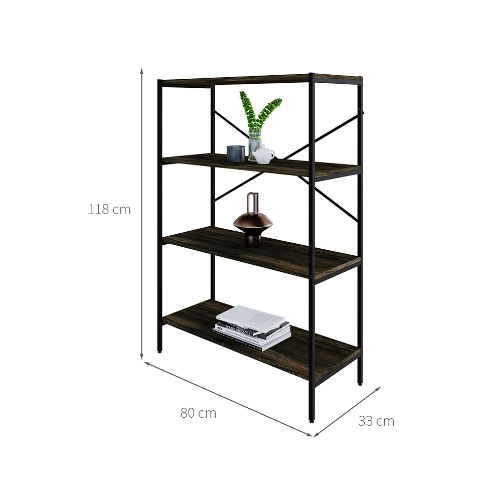 Estante com 4 Prateleiras Tub Carvalho Dark e Preta 80 cm