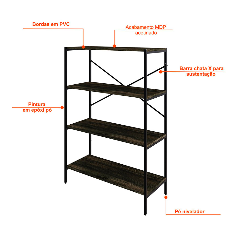 Estante com 4 Prateleiras Tub Carvalho Dark e Preta 80 cm