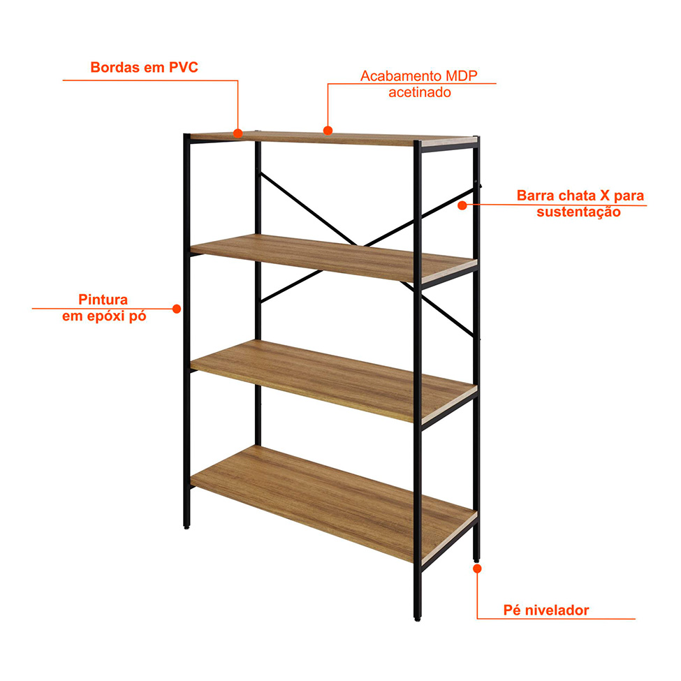 Estante com 4 Prateleiras Tub Mel e Preta 80 cm