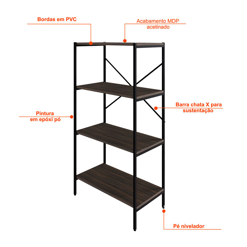 Estante com 4 Prateleiras Tub Nogal e Preta 60 cm