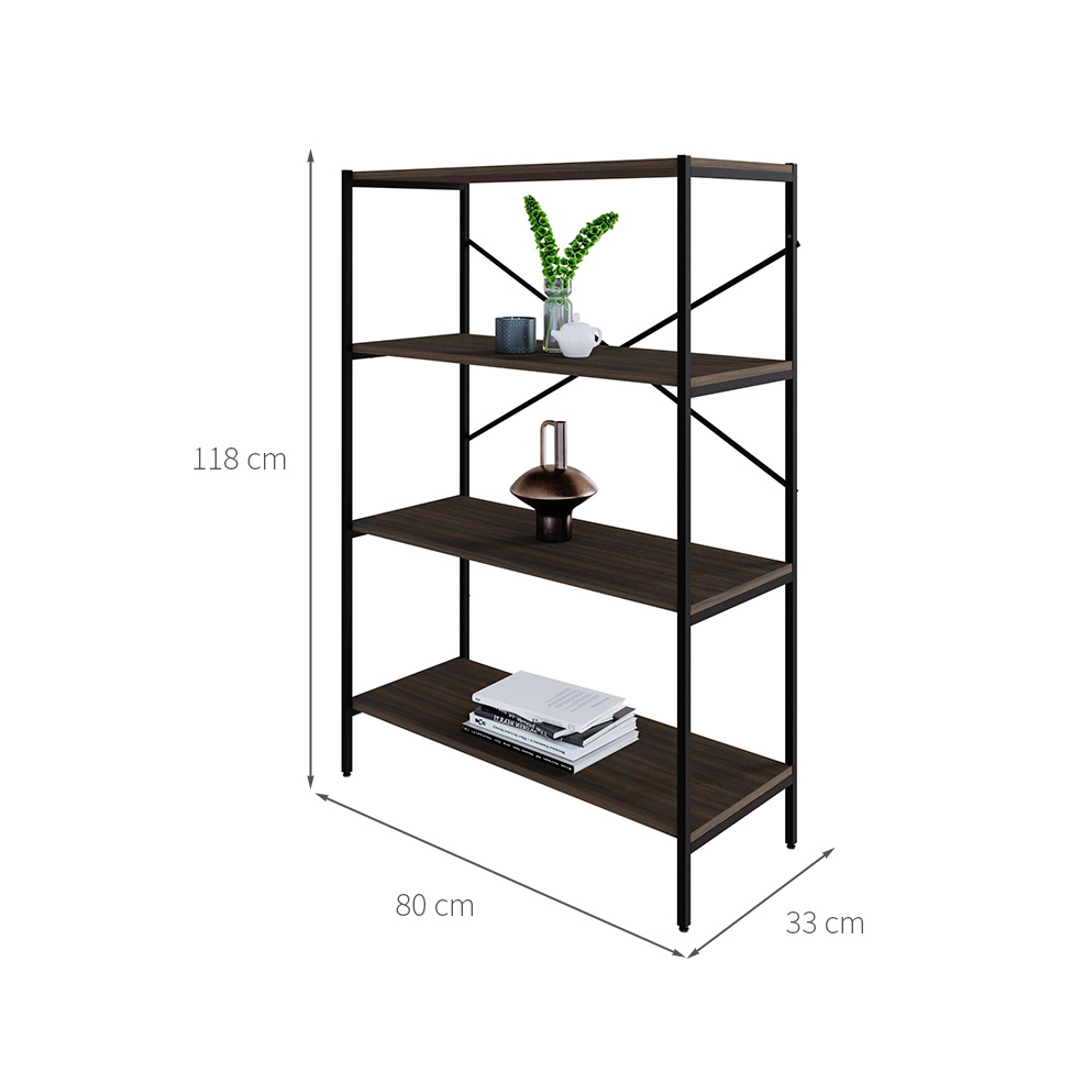 Estante com 4 Prateleiras Tub Nogal e Preta 80 cm