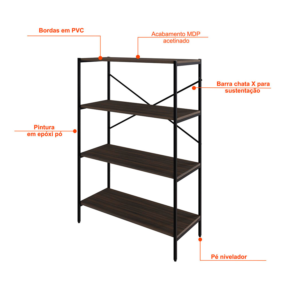 Estante com 4 Prateleiras Tub Nogal e Preta 80 cm