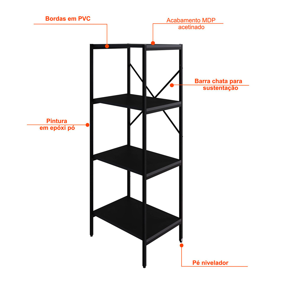 Estante com 4 Prateleiras Tub Preta 45 cm