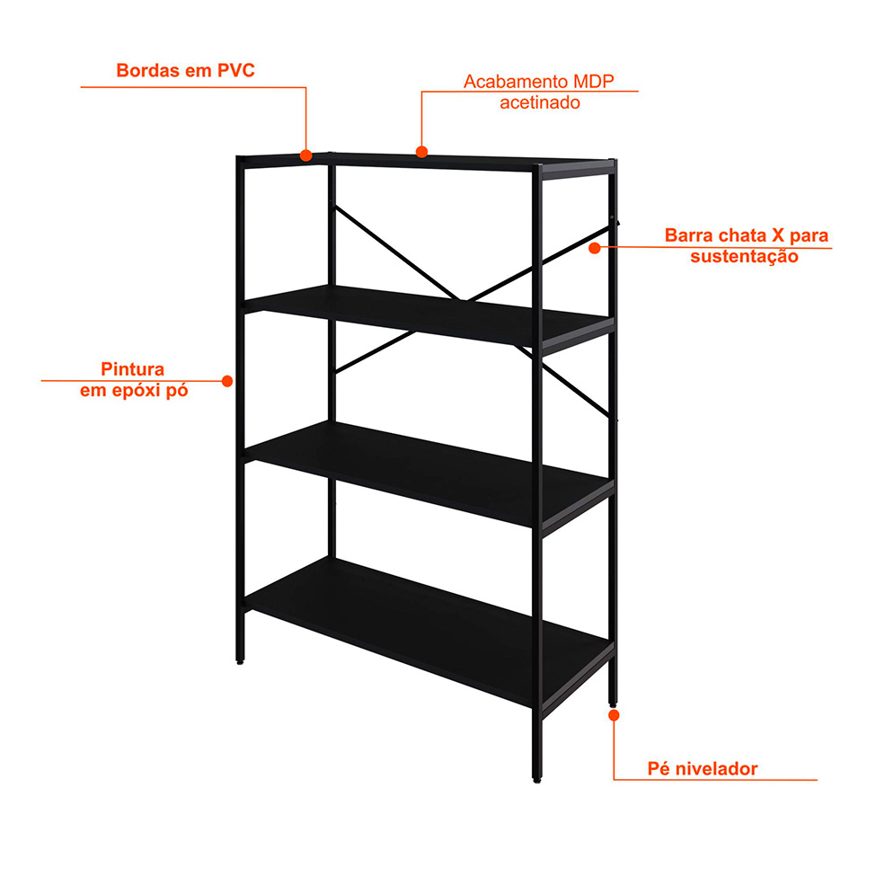 Estante com 4 Prateleiras Tub Preta 80 cm