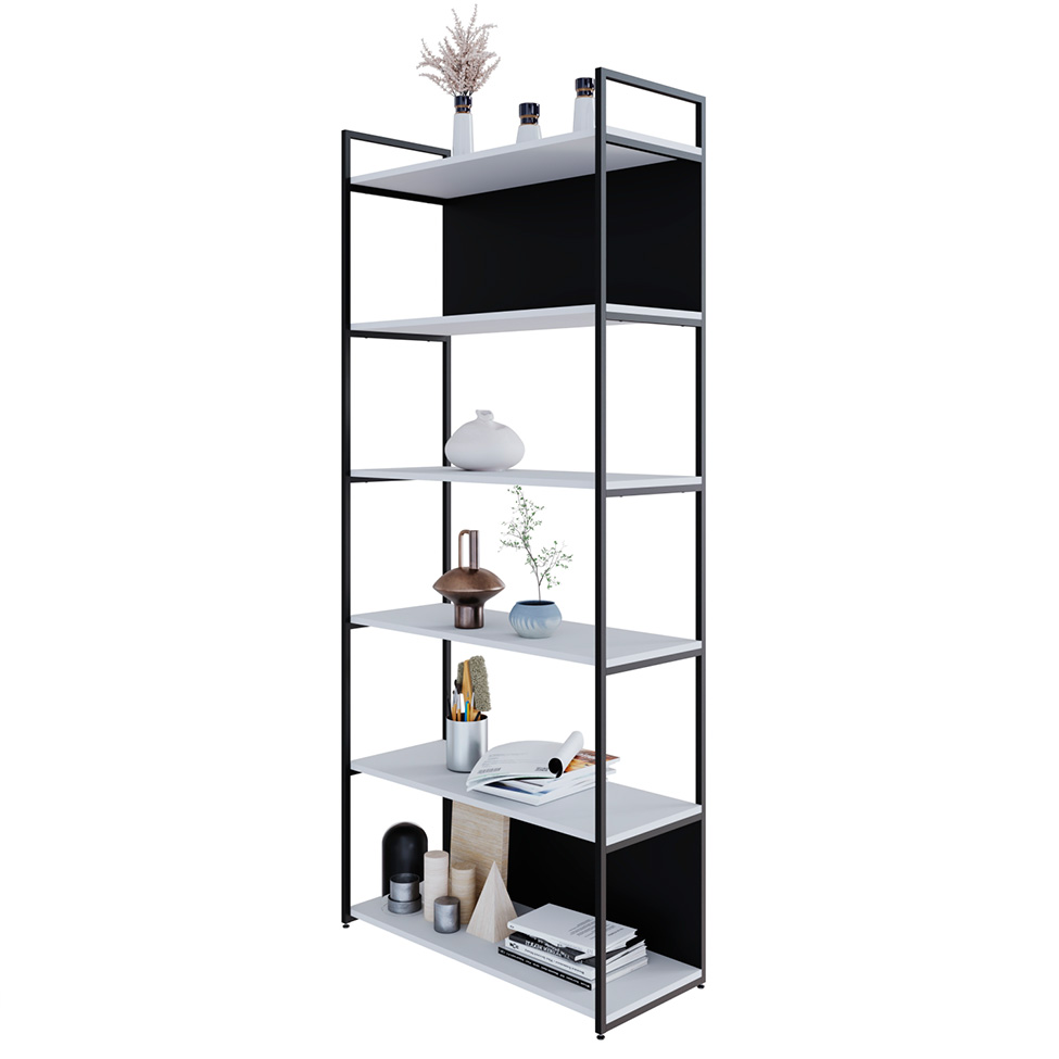 Estante com 4 Prateleiras e 2 Nichos Brooklyn Branca e Preta 80 cm