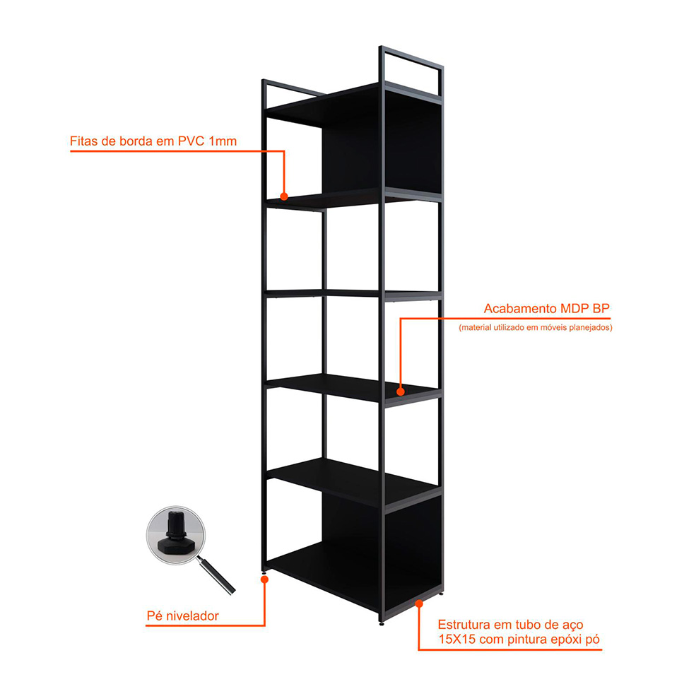Estante com 4 Prateleiras e 2 Nichos Brooklyn Preta 60 cm