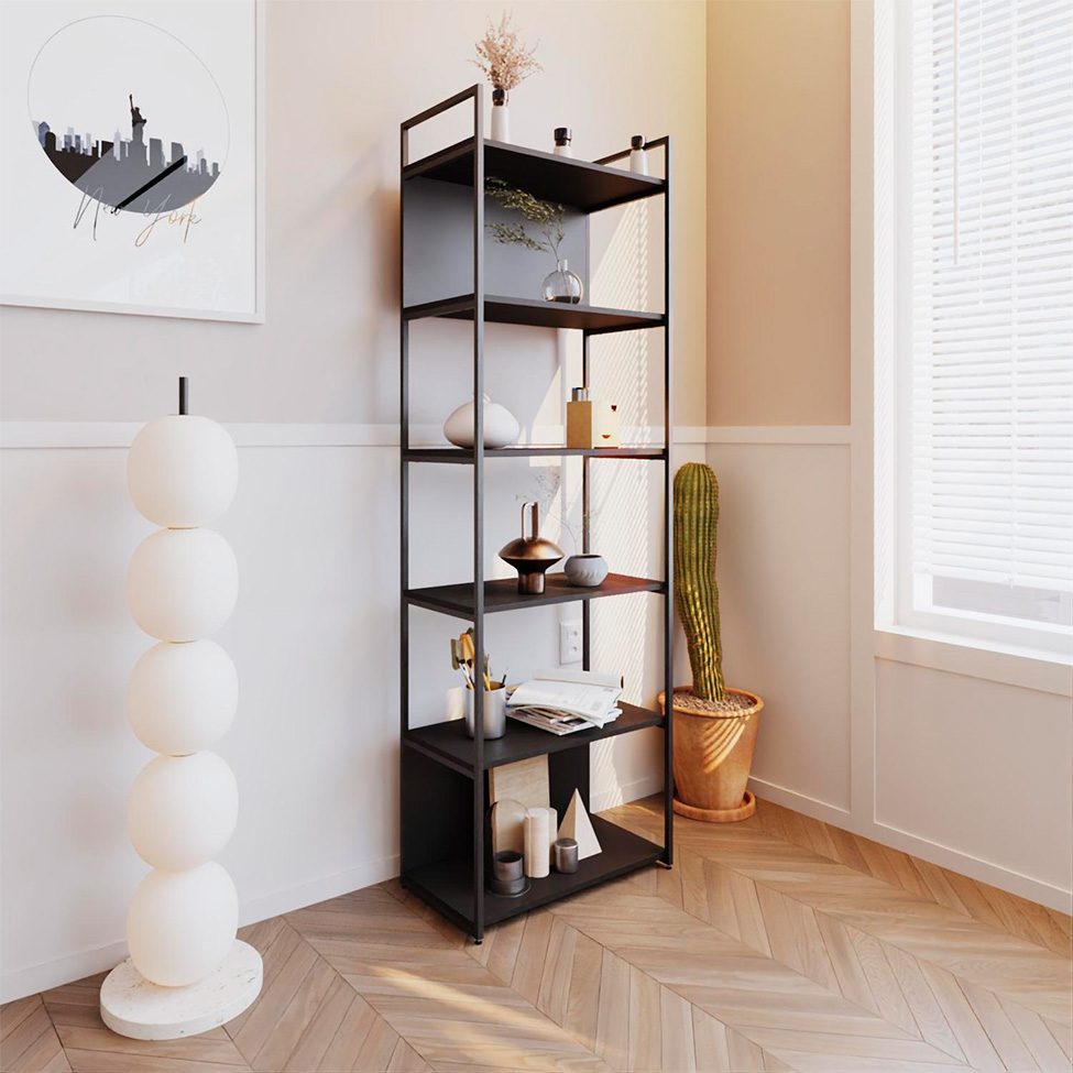 Estante com 4 Prateleiras e 2 Nichos Brooklyn Preta 60 cm