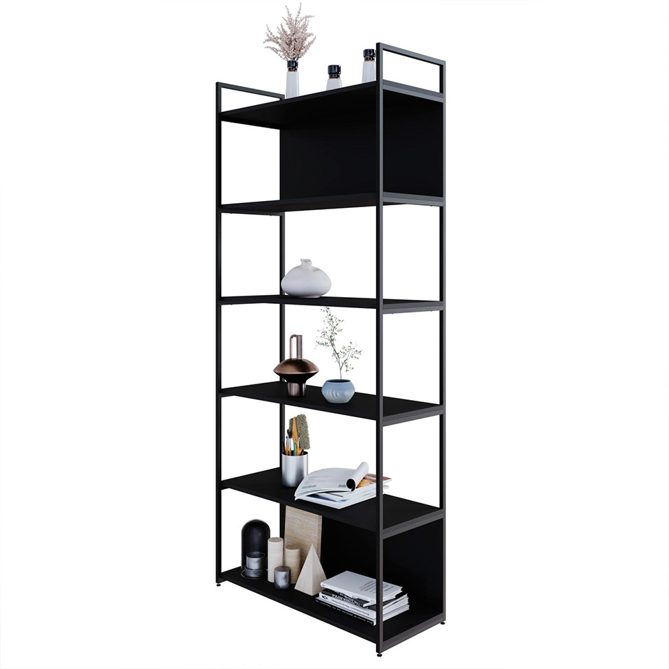 Estante com 4 Prateleiras e 2 Nichos Brooklyn Preta 80 cm