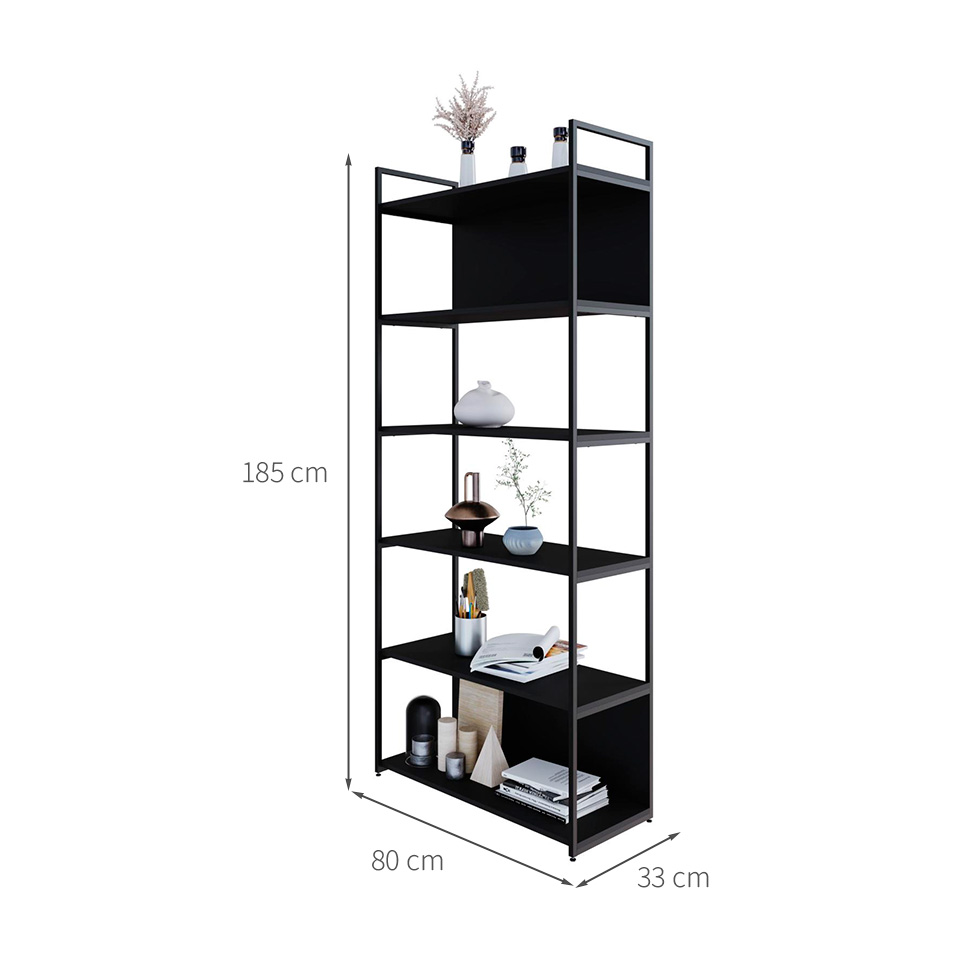 Estante com 4 Prateleiras e 2 Nichos Brooklyn Preta 80 cm