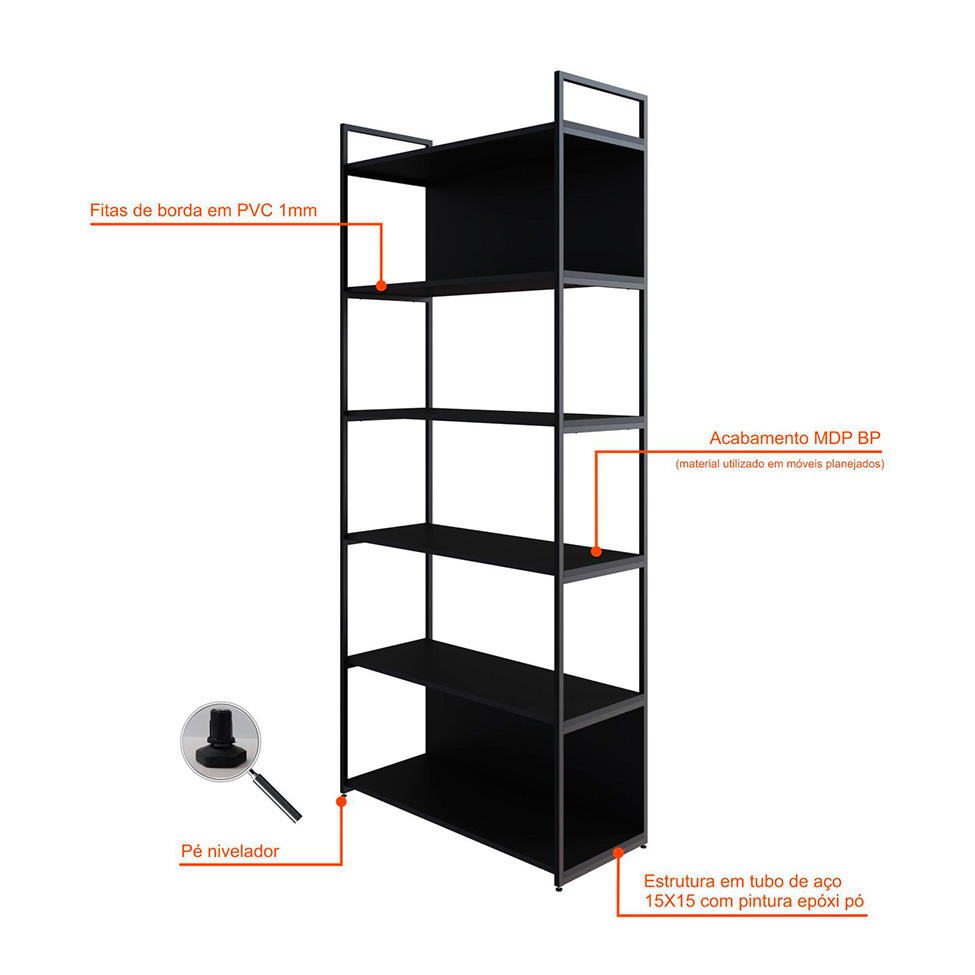 Estante com 4 Prateleiras e 2 Nichos Brooklyn Preta 80 cm