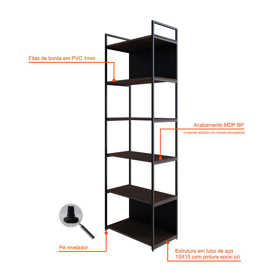 Estante com 4 Prateleiras e 2 Nichos Brooklyn Terracota e Preta 60 cm