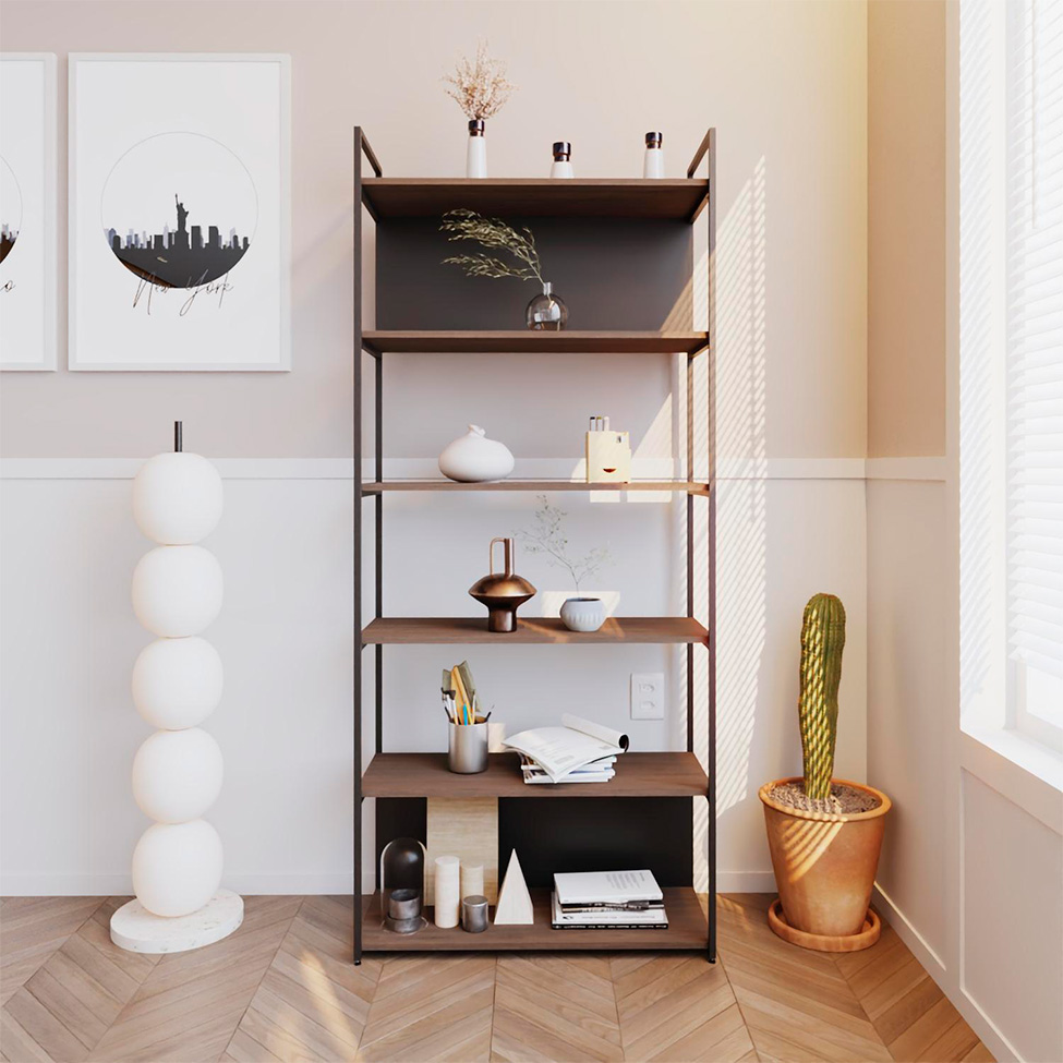 Estante com 4 Prateleiras e 2 Nichos Brooklyn Terracota e Preta 80 cm