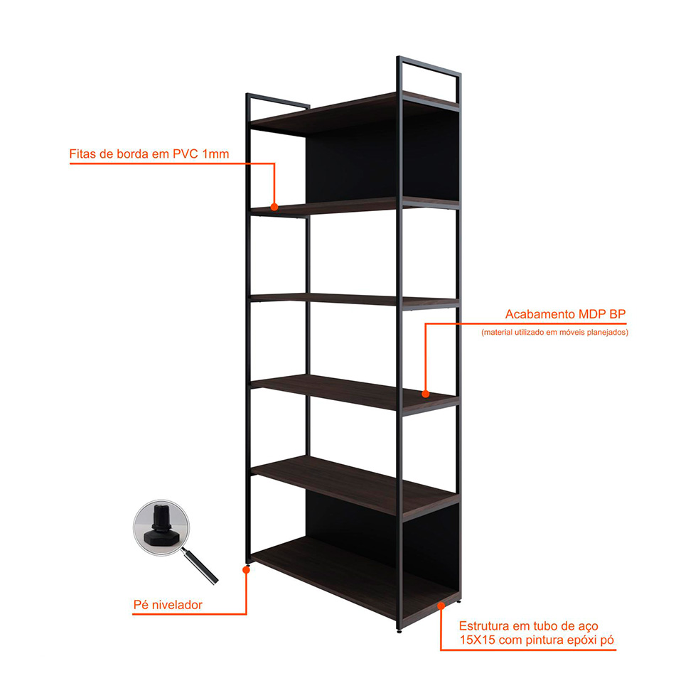 Estante com 4 Prateleiras e 2 Nichos Brooklyn Terracota e Preta 80 cm