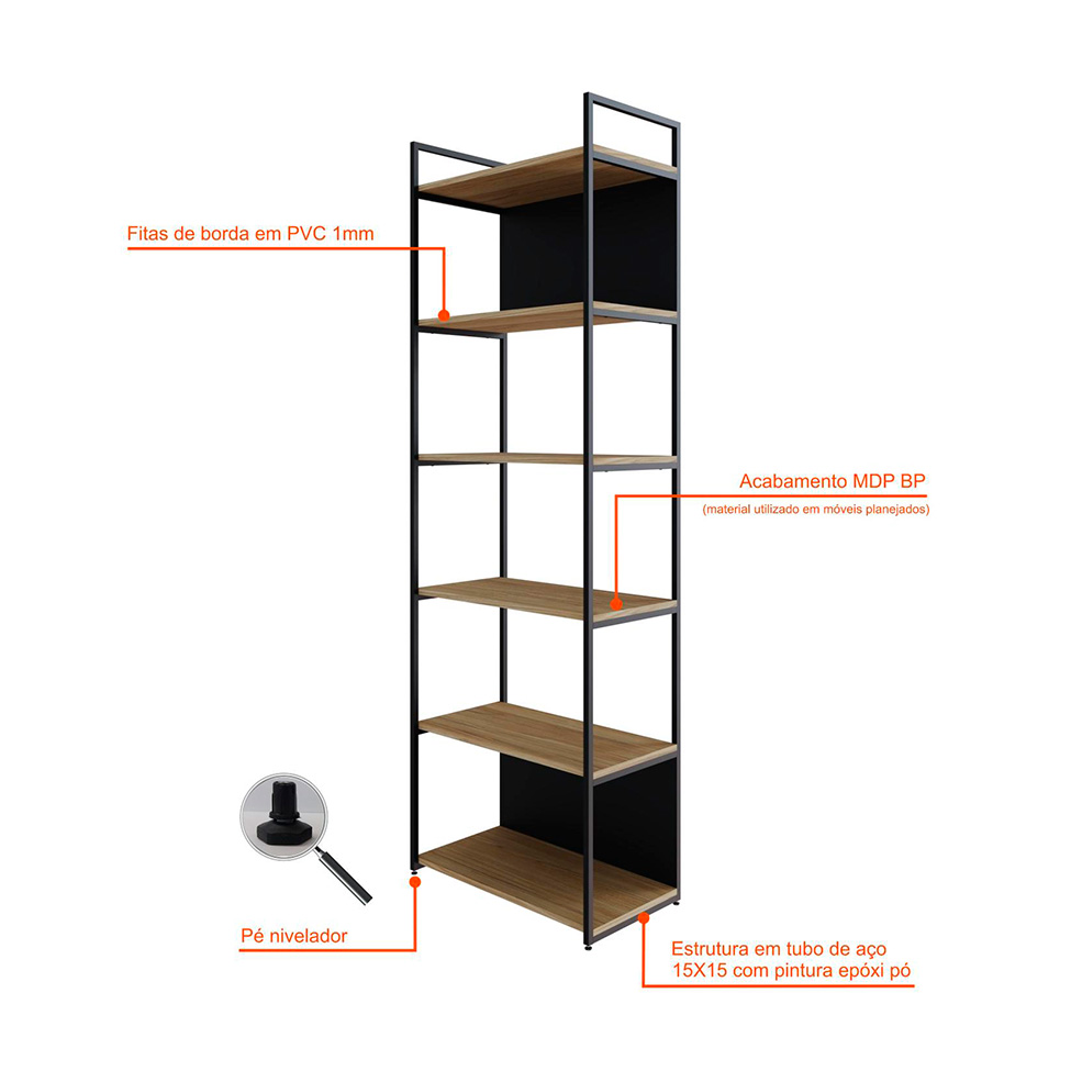 Estante com 4 Prateleiras e 2 Nichos Brooklyn Vermont e Preta 60 cm