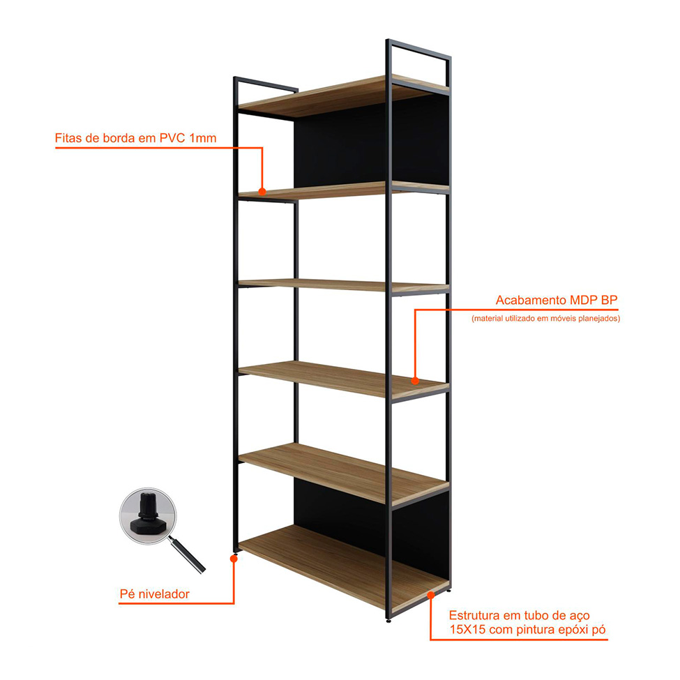Estante com 4 Prateleiras e 2 Nichos Brooklyn Vermont e Preta 80 cm
