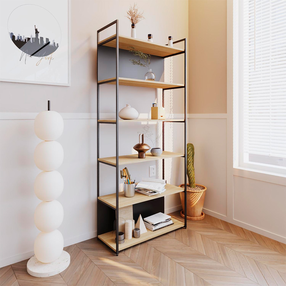 Estante com 4 Prateleiras e 2 Nichos Brooklyn Vermont e Preta 80 cm