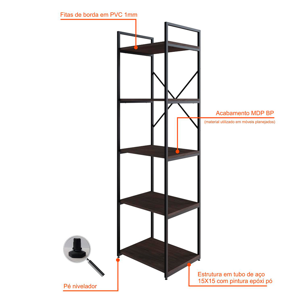 Estante com 5 Prateleiras Brooklyn Terracota e Preta 45 cm