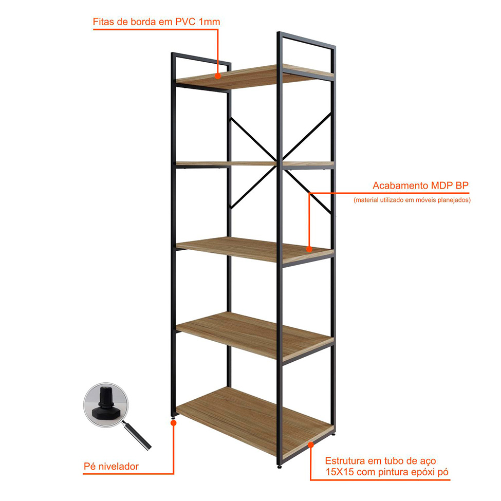 Estante com 5 Prateleiras Brooklyn Vermont e Preta 60 cm