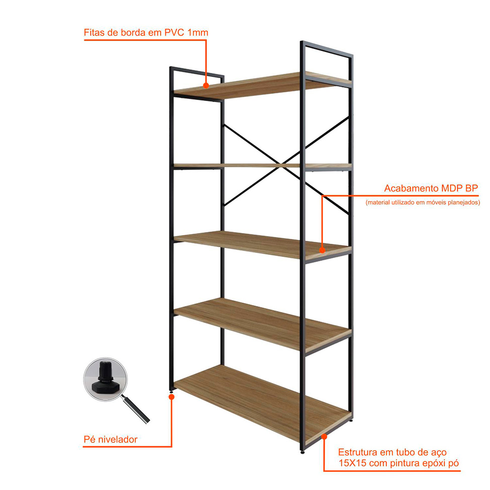 Estante com 5 Prateleiras Brooklyn Vermont e Preta 80 cm