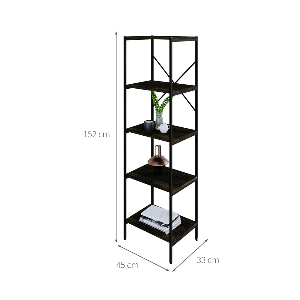 Estante com 5 Prateleiras Tub Carvalho Dark e Preta 45 cm