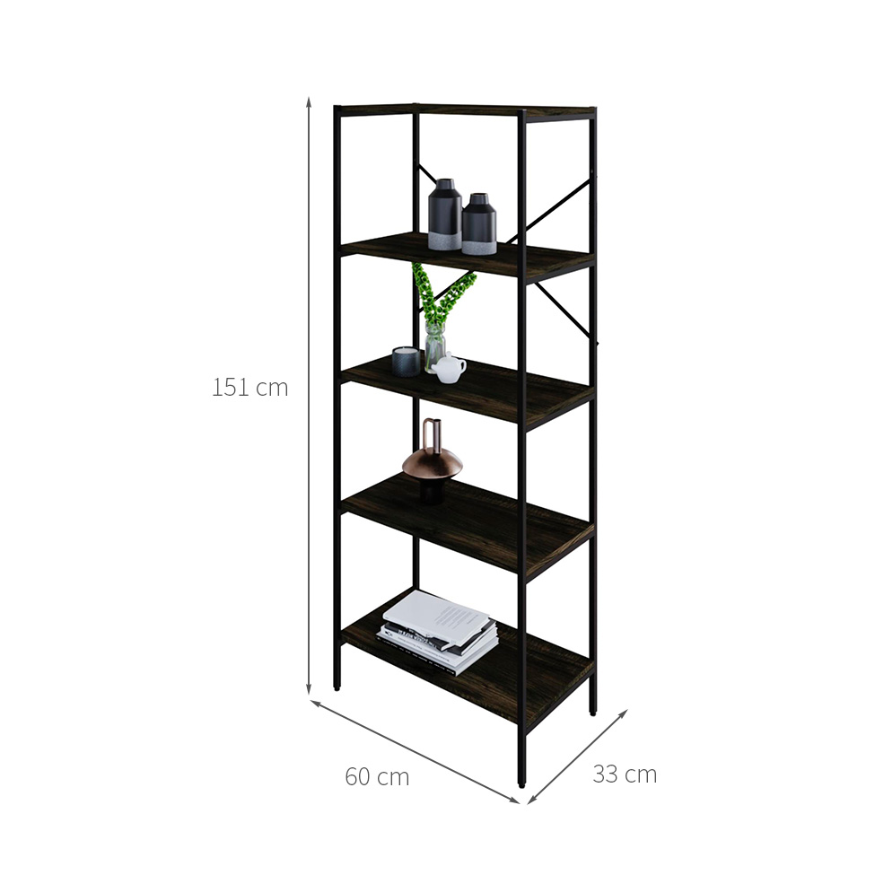 Estante com 5 Prateleiras Tub Carvalho Dark e Preta 60 cm