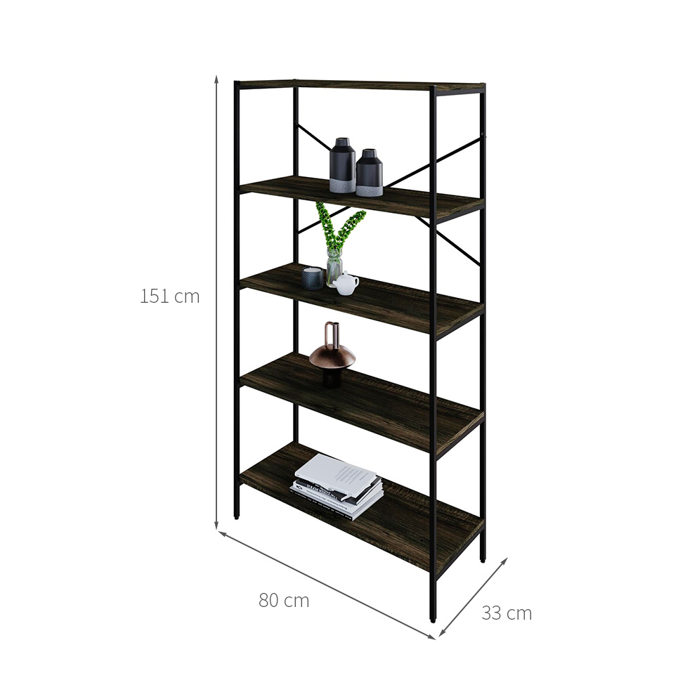 Estante com 5 Prateleiras Tub Carvalho Dark e Preta 80 cm