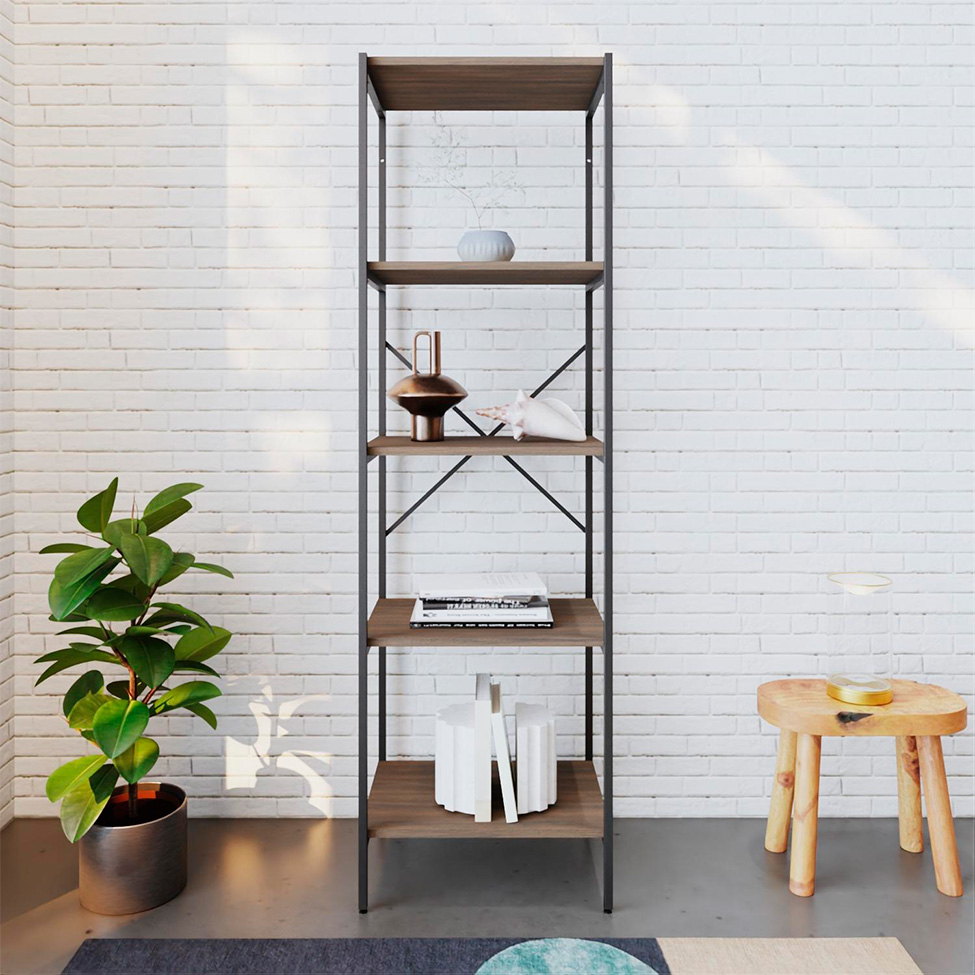 Estante com 5 Prateleiras Tub Nogal e Preta 45 cm