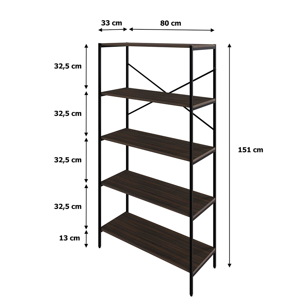 Estante com 5 Prateleiras Tub Nogal e Preta 80 cm