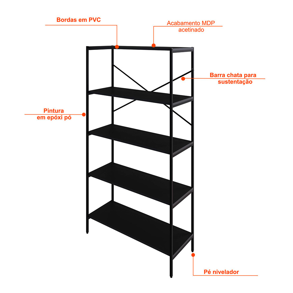 Estante com 5 Prateleiras Tub Preta 80 cm