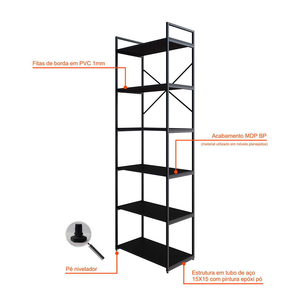 Estante com 6 Prateleiras Brooklyn Preta 60 cm