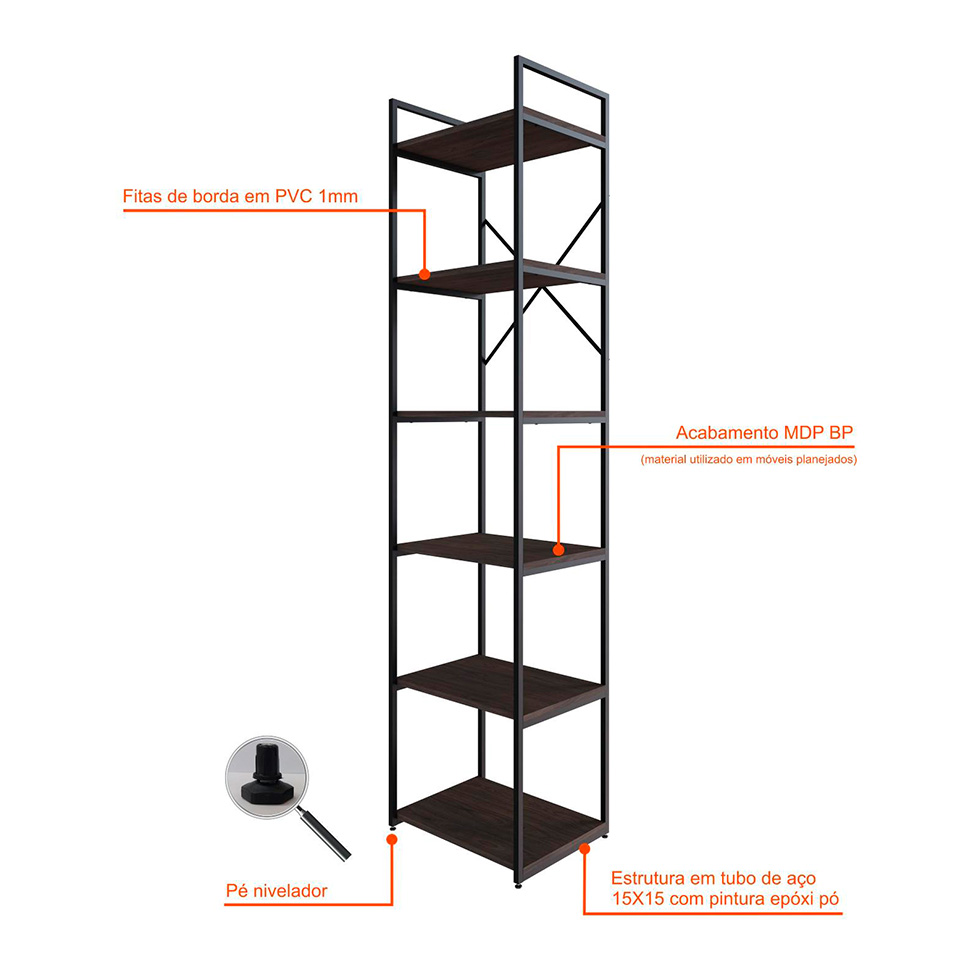 Estante com 6 Prateleiras Brooklyn Terracota e Preta 45 cm