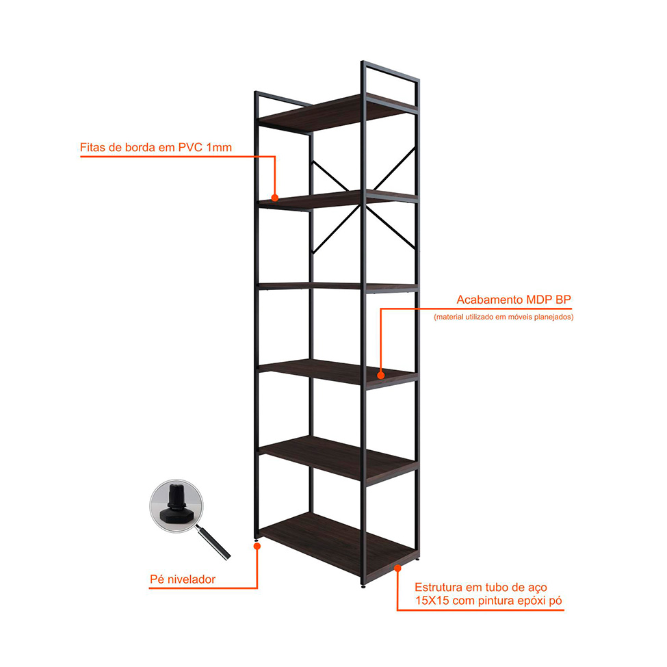 Estante com 6 Prateleiras Brooklyn Terracota e Preta 60 cm
